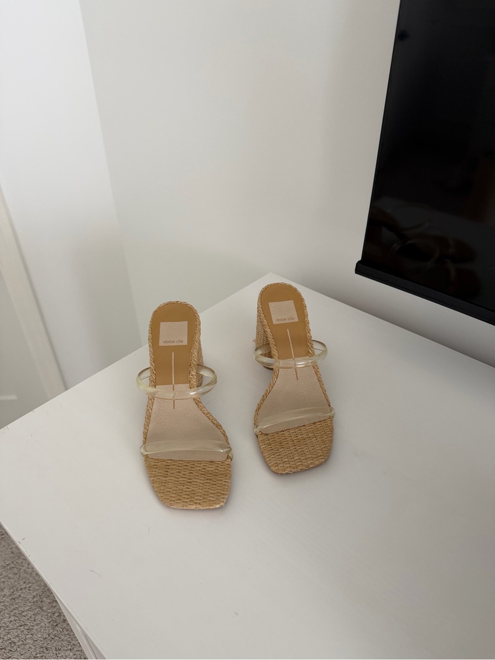 Dolce Vita Strappy Clear Band Tan Woven Slide Heels